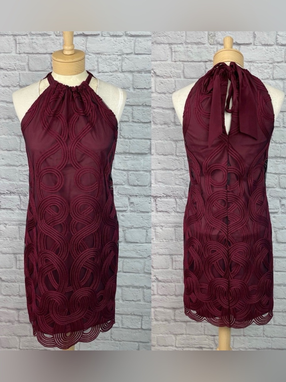 Trina Turk Rancho Maroon WINE BURGUNDY Halter Dress with Geometric Mesh LINED